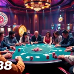 Players strategizing at a poker table in a luxurious casino featuring TR88 gaming elements for an exciting atmosphere.