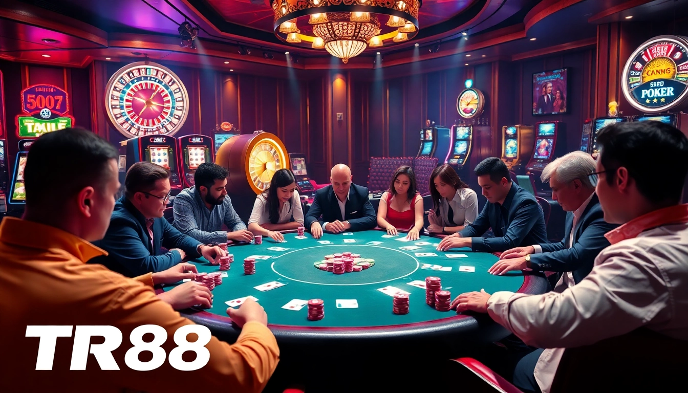 Players strategizing at a poker table in a luxurious casino featuring TR88 gaming elements for an exciting atmosphere.
