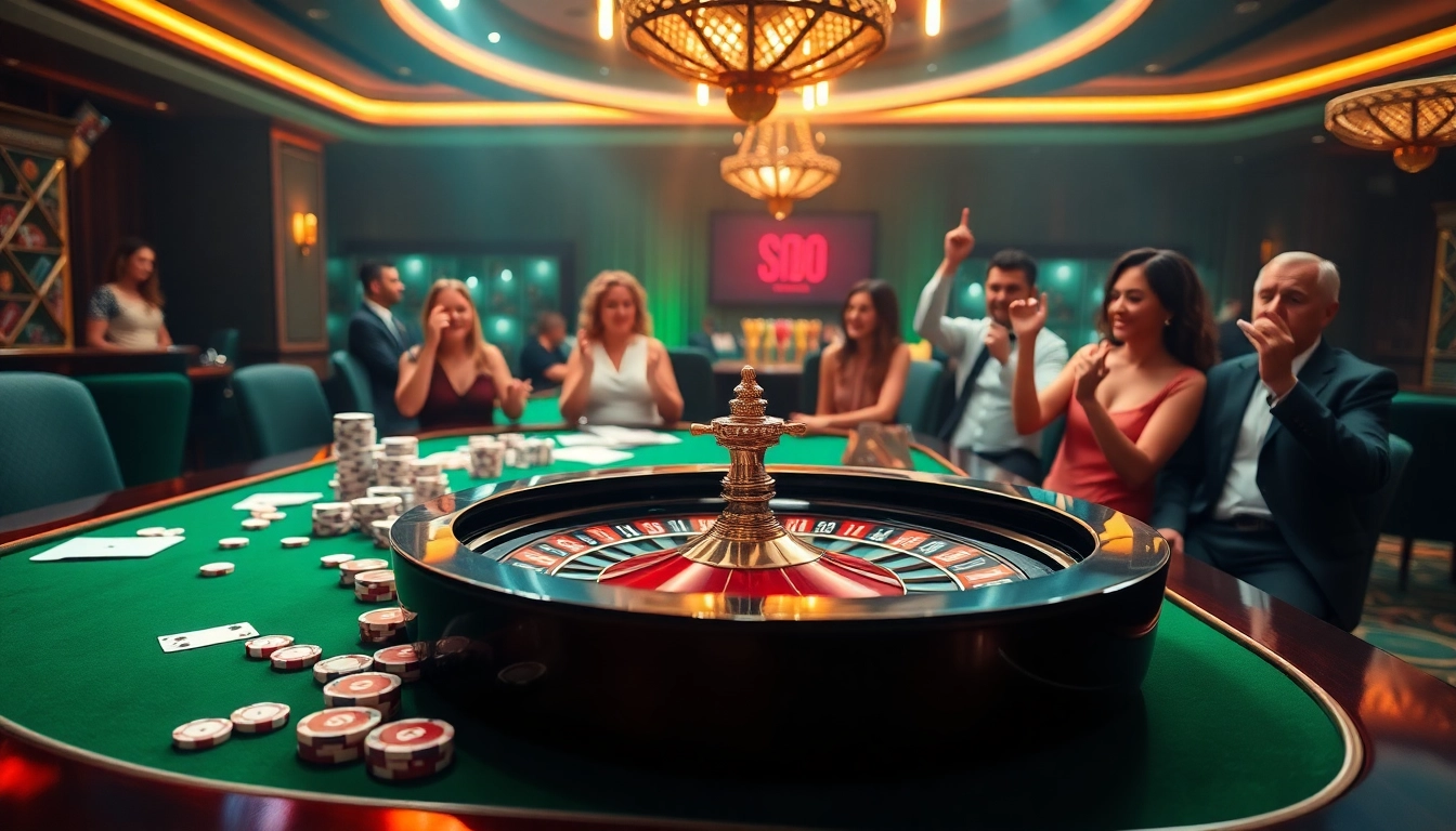 SODO66 players enjoying a lively casino atmosphere with poker chips and a roulette wheel.