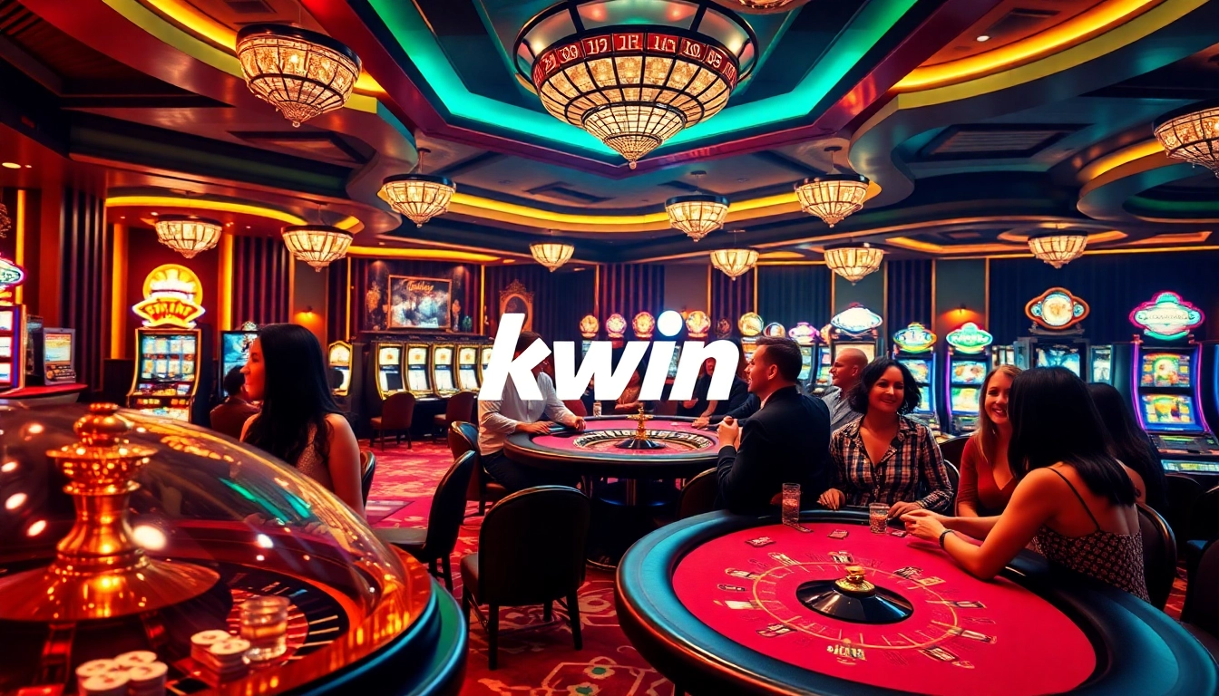 Players enjoying an exciting game night at Kwin Casino, featuring poker tables, roulette, and slot machines.