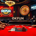Players experience the thrill of high-stakes poker at an elegant table, featuring the OKFUN logo.