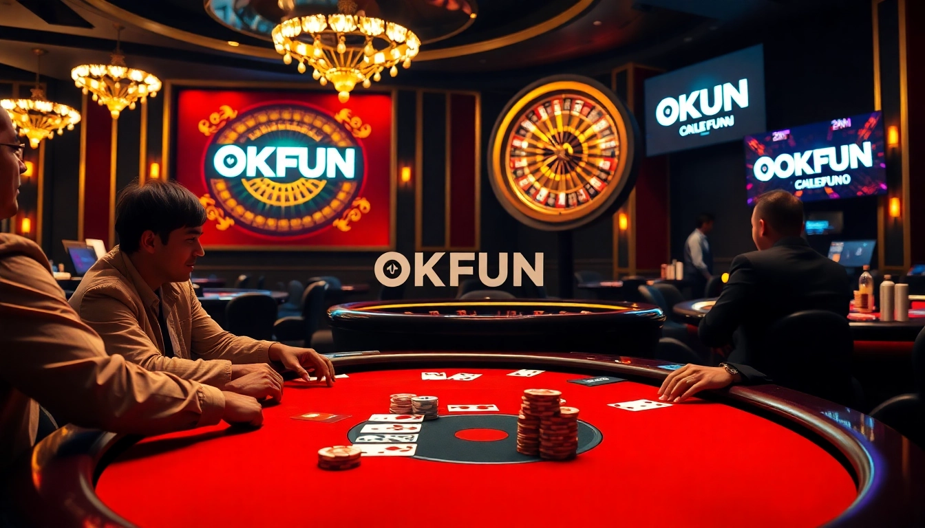 Players experience the thrill of high-stakes poker at an elegant table, featuring the OKFUN logo.