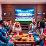 Engaged fans watching live football on https://vaoluoitv.it.com in a vibrant living room setting.