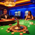 Exciting gaming table at 28bet casino showcasing professional dealers and vibrant poker chips.