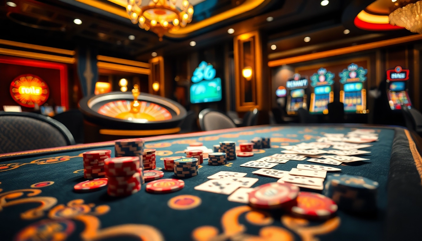 An exciting gaming session at nhà cái mb66 featuring a vibrant poker table, captivating roulette wheel, and luxurious casino ambiance.