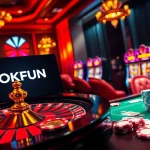 Engage in thrilling gameplay at OKFUN with a captivating online casino scene showcasing vibrant gaming elements.