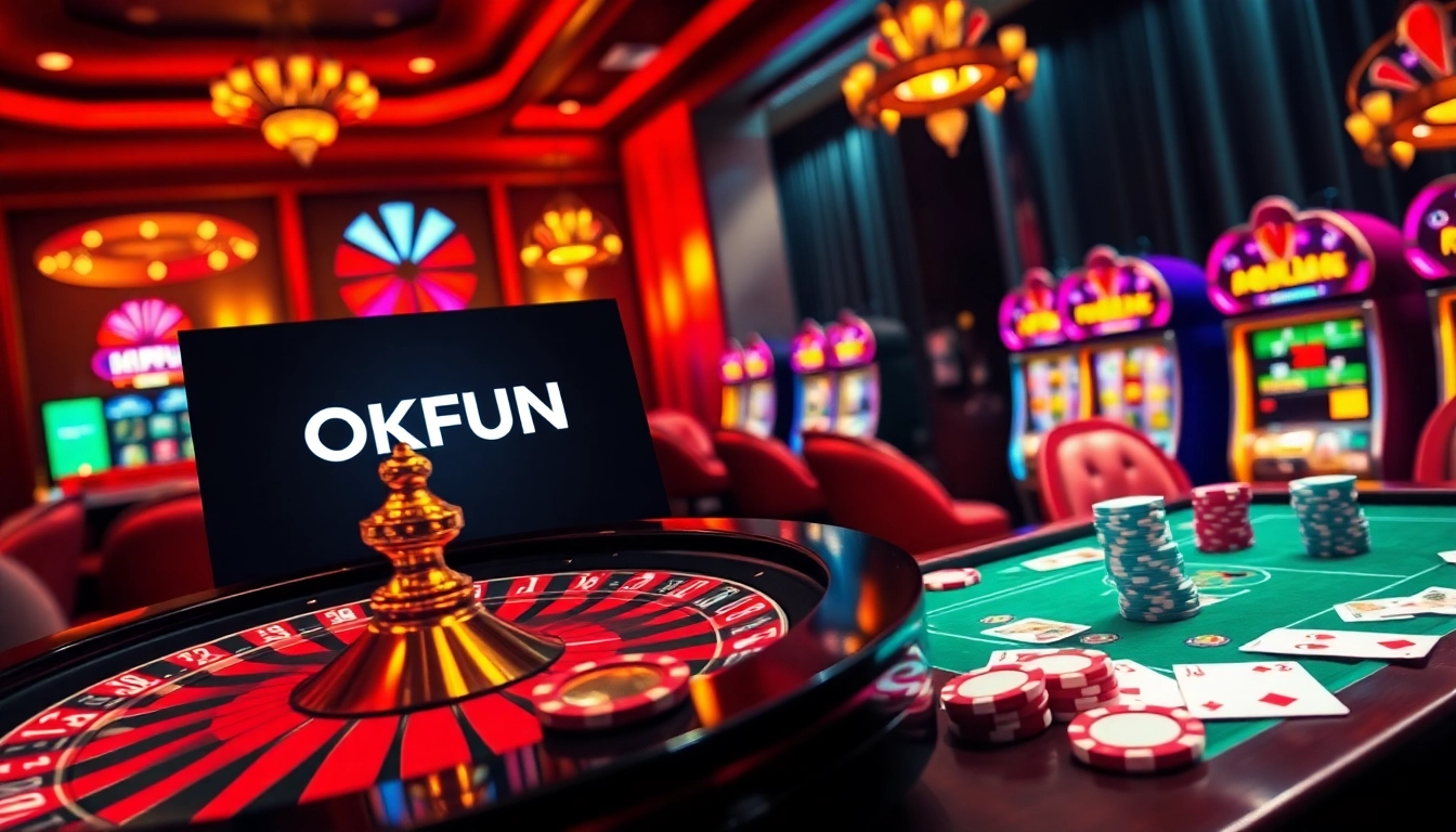 Engage in thrilling gameplay at OKFUN with a captivating online casino scene showcasing vibrant gaming elements.