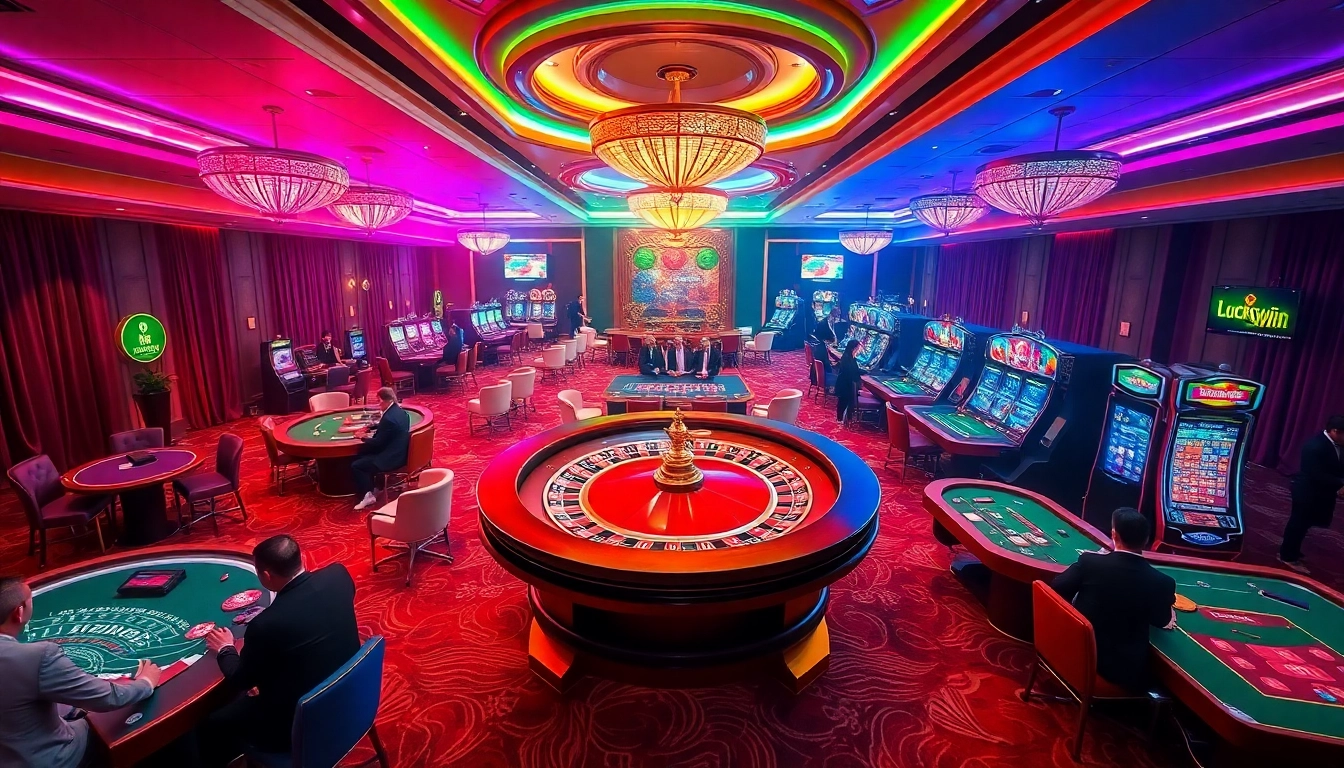 Luckywin players enjoying an exciting casino experience at elegant tables and vibrant slot machines.