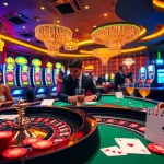 Excited players engaging at a vibrant u88 casino featuring roulette and slot machines.