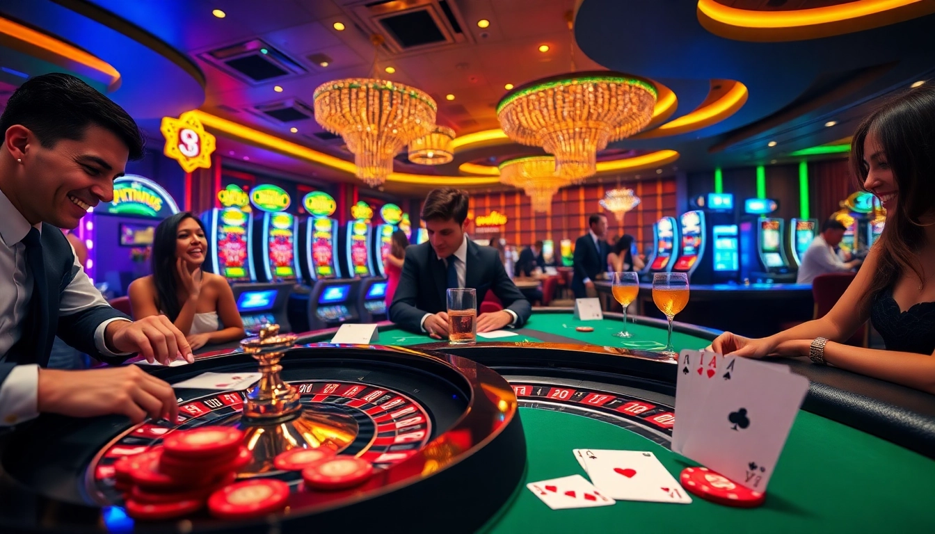 Excited players engaging at a vibrant u88 casino featuring roulette and slot machines.