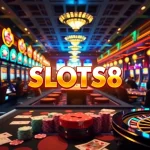 Experience thrilling gameplay with SLOTS8 at vibrant slot machines in a luxurious casino atmosphere.
