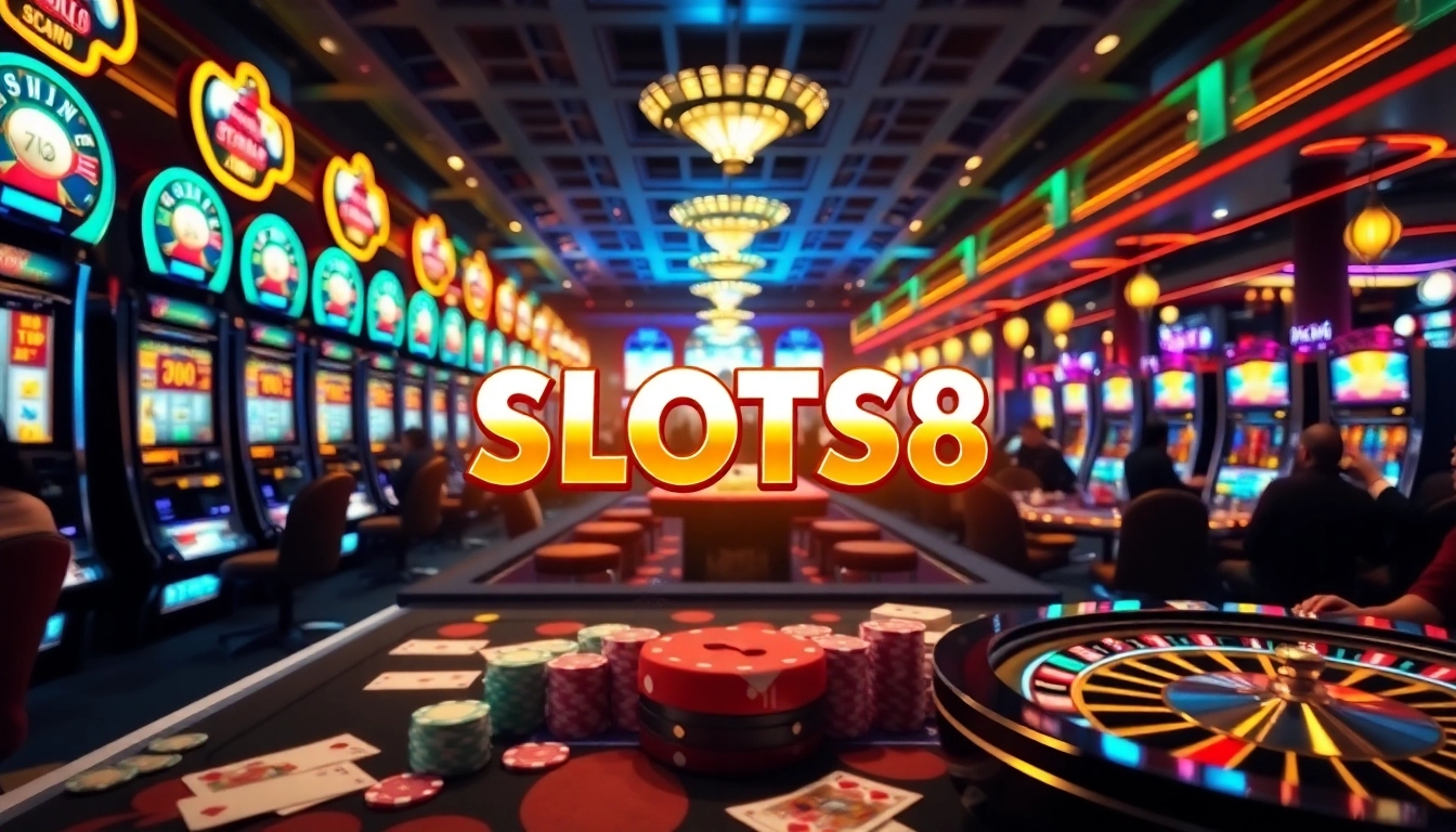 Experience thrilling gameplay with SLOTS8 at vibrant slot machines in a luxurious casino atmosphere.