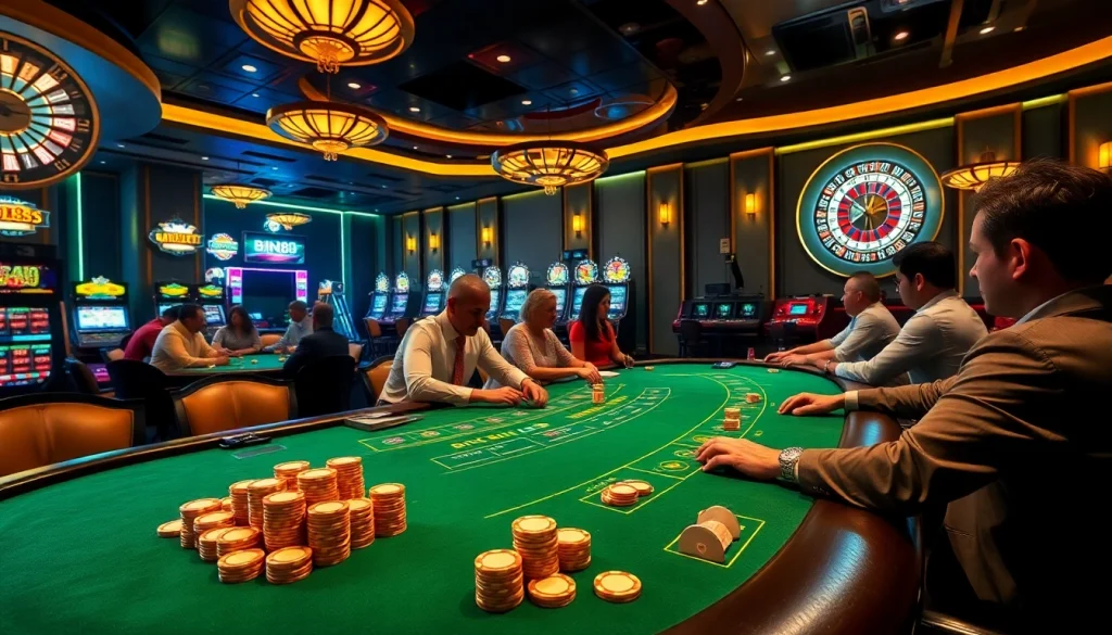 Experience the thrill of Bin88's exciting casino atmosphere with vibrant gaming tables and luxurious elements.