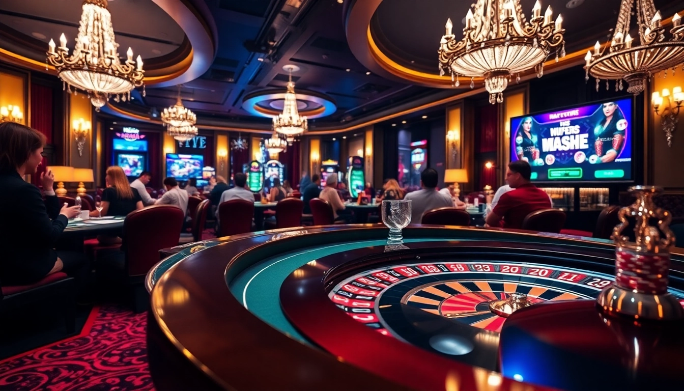 Engaging players at Mu88 Casino with poker chips, cards, and a roulette wheel in a luxurious setting.