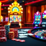 Exciting casino atmosphere at S8.limo with vibrant poker chips and roulette wheels.
