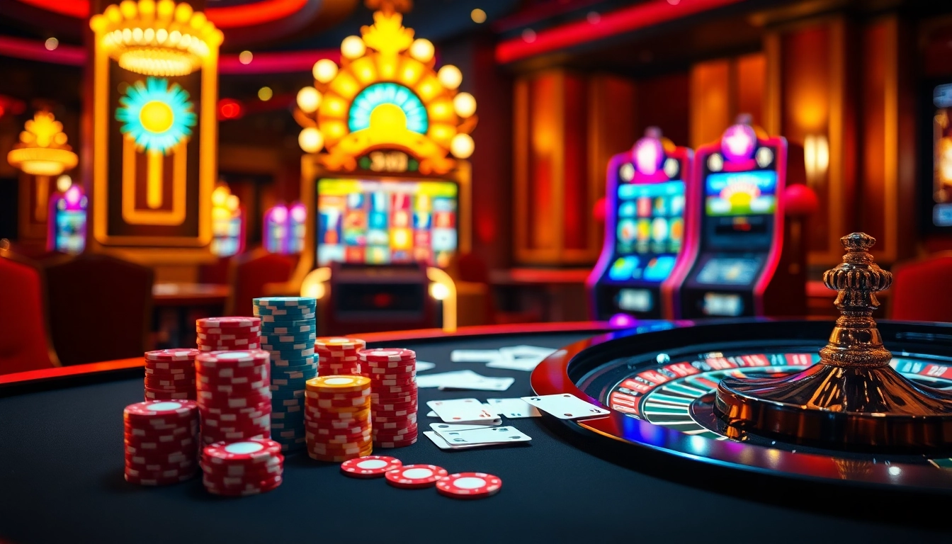 Exciting casino atmosphere at S8.limo with vibrant poker chips and roulette wheels.
