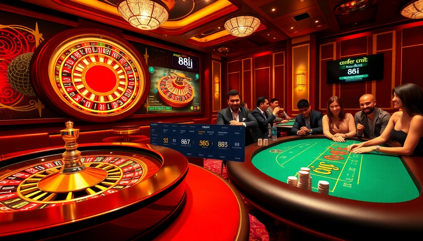 Players enjoying poker and roulette at a luxury casino featuring 88i options, capturing the excitement and thrill of gambling.