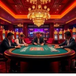 Experience the thrill of nk88 gaming at an upscale poker table in a vibrant casino setting.