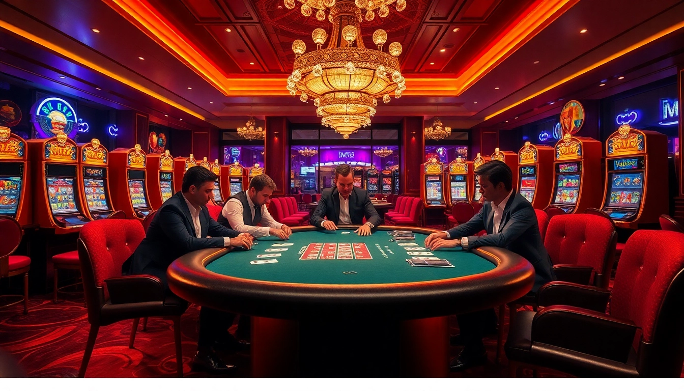 Experience the thrill of nk88 gaming at an upscale poker table in a vibrant casino setting.