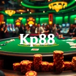 Kp88 high-stakes poker table filled with chips and cards in a luxurious casino.