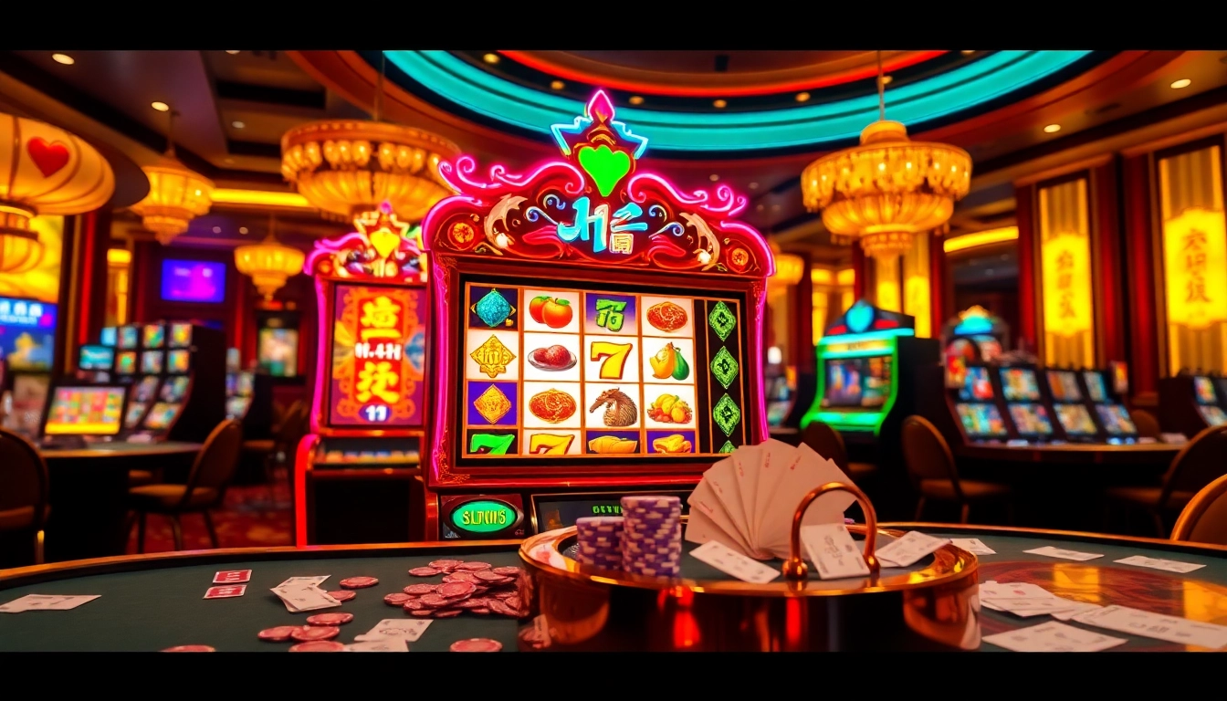 Experience the thrill of nổ hũ at a vibrant slot machine casino scene with jackpots.