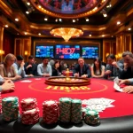 Players betting at the HB88 poker table, surrounded by chips and cards in a vibrant casino.