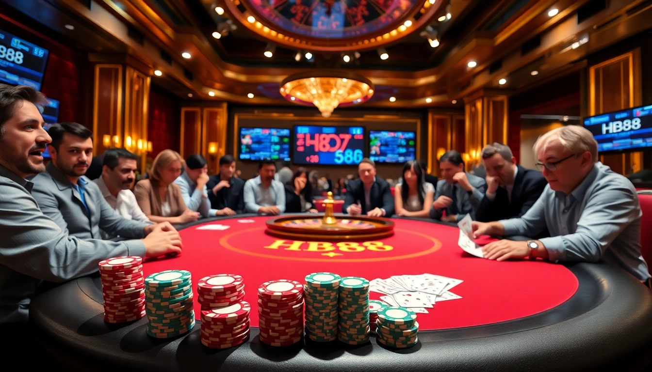 Players betting at the HB88 poker table, surrounded by chips and cards in a vibrant casino.