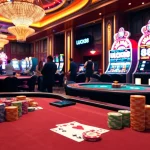 Exciting scene at a luxury casino showcasing LUCK88 slot machines and poker tables filled with colorful chips.