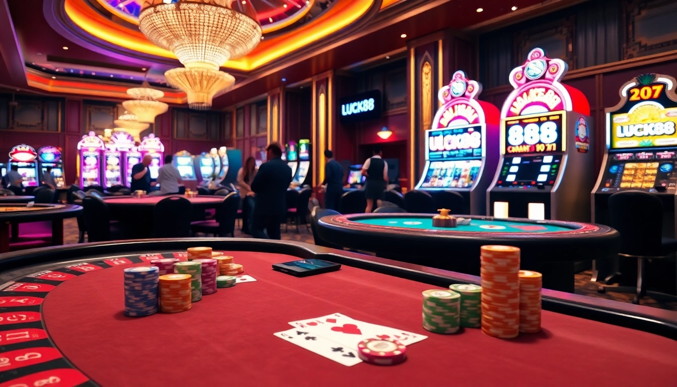 Exciting scene at a luxury casino showcasing LUCK88 slot machines and poker tables filled with colorful chips.