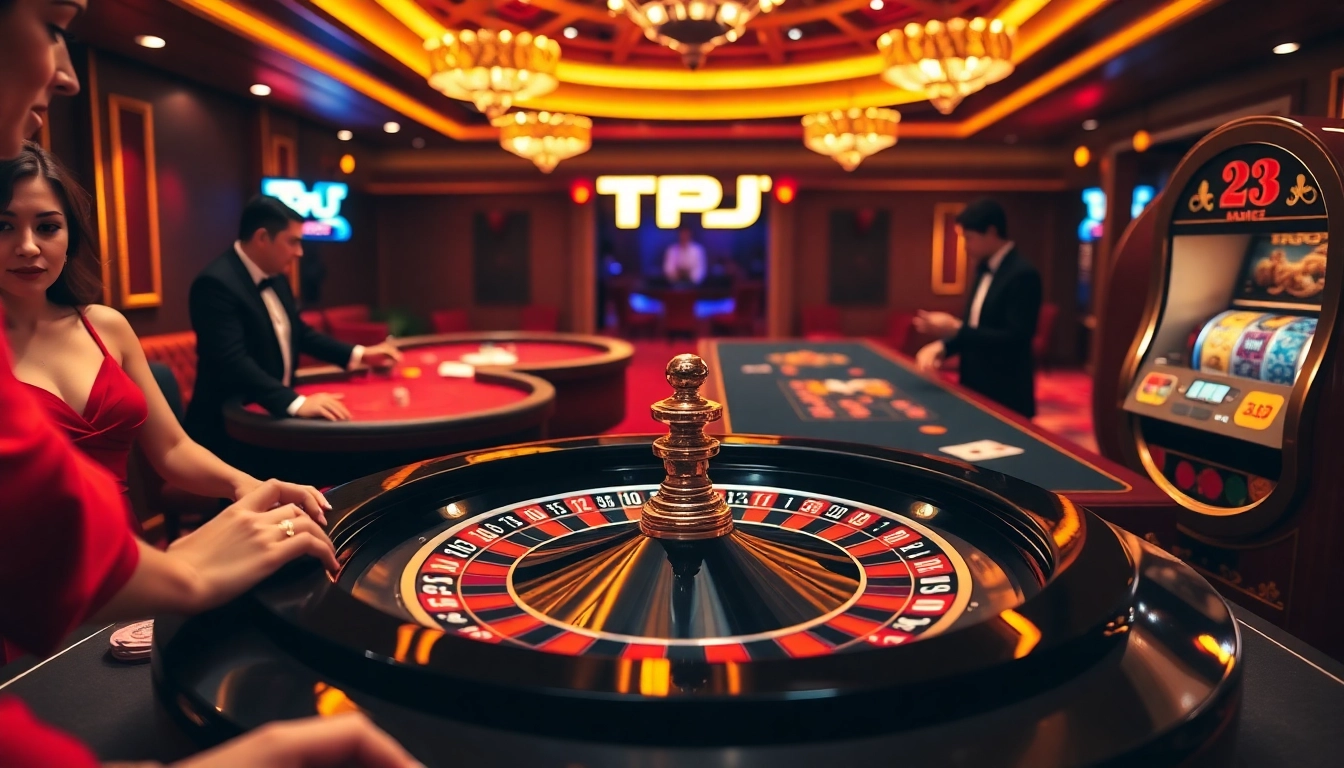 Players enthusiastically engaging at the TPJ casino, immersed in roulette and poker excitement.