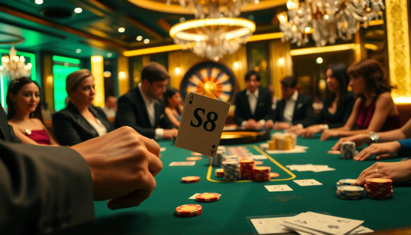 Experience thrilling poker play with the S8 card in a vibrant casino atmosphere.