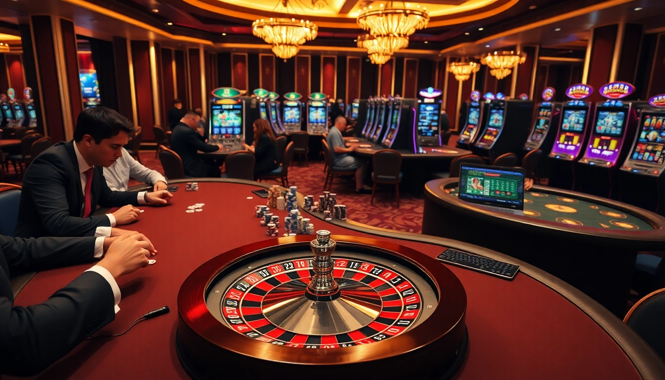Experience high-stakes gaming at https://fc88.de.com/ with vibrant casino scenes featuring roulette wheels and poker action.