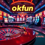 Experience the thrill of gambling with okfun's dynamic casino setting including poker tables and roulette wheels.