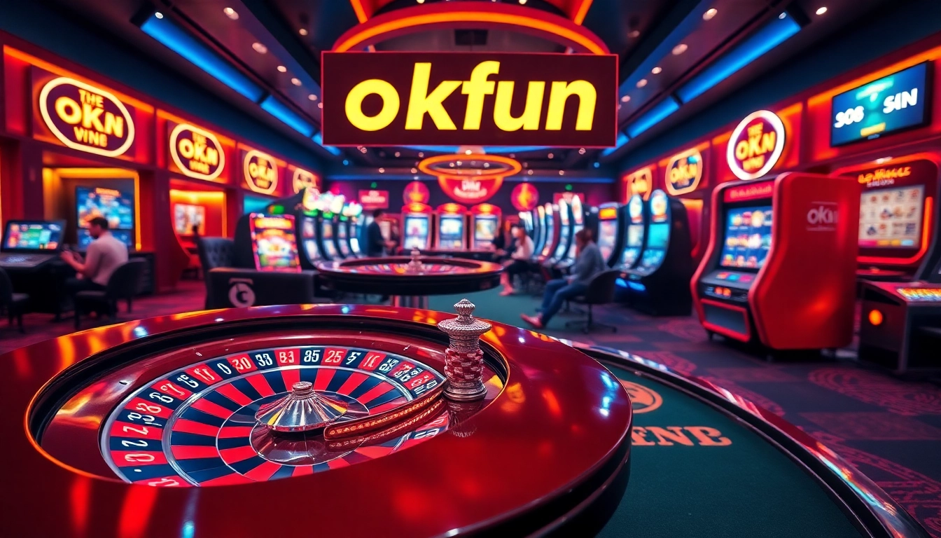 Experience the thrill of gambling with okfun's dynamic casino setting including poker tables and roulette wheels.