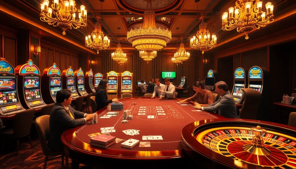 Players enjoying a thrilling game at the luxurious 222BD casino, featuring vibrant slot machines and stacked chips.