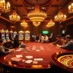 Players enjoying a thrilling game at the luxurious 222BD casino, featuring vibrant slot machines and stacked chips.