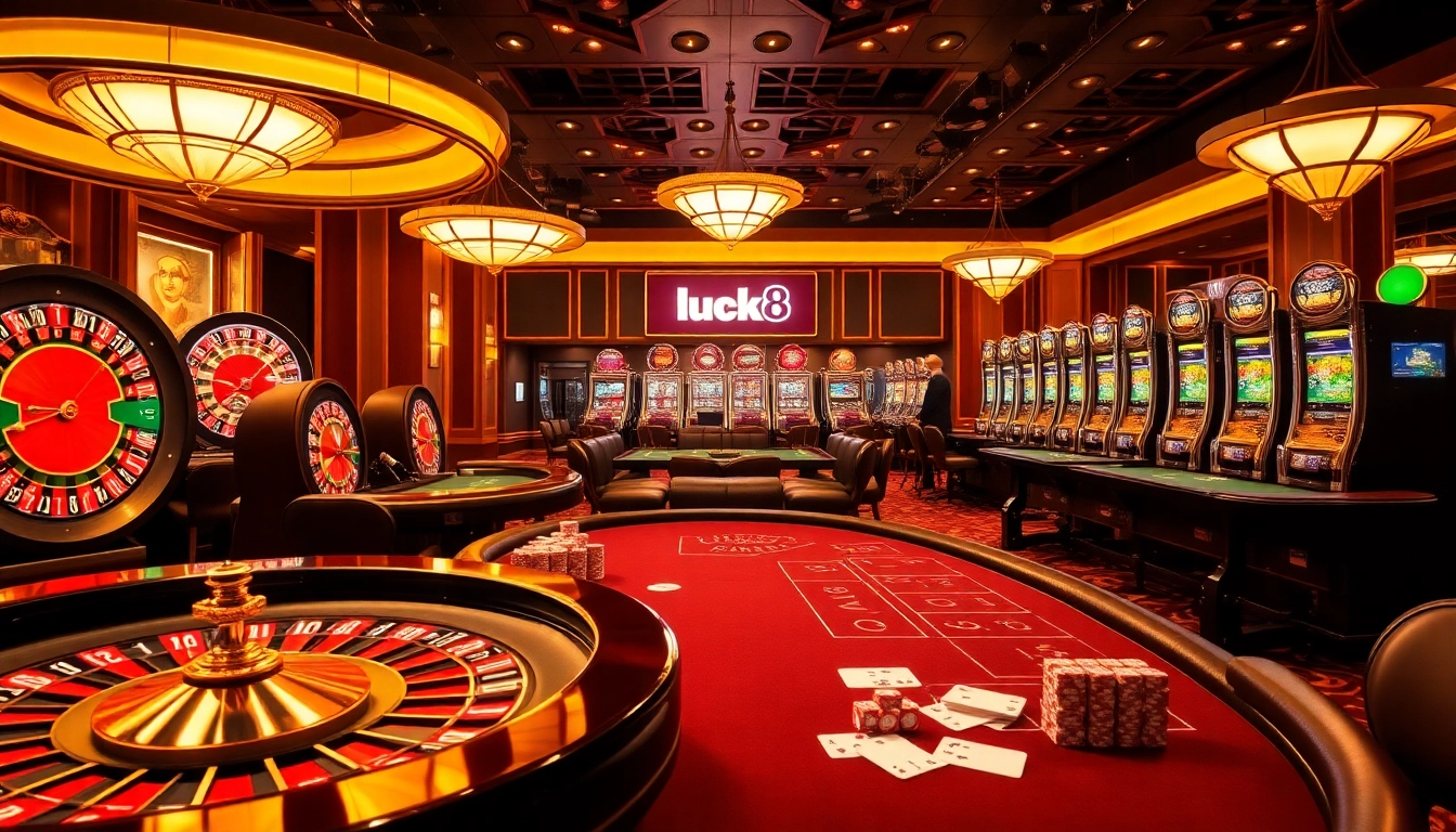 Experience luxury gaming at Luck8 with vibrant casino tables and exciting slot machines.