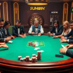 Players enjoying a high-stakes poker game at a SUNWIN-branded luxury casino.