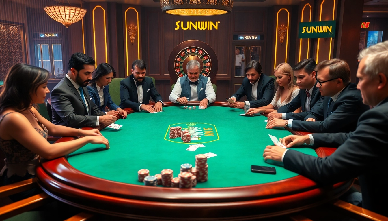 Players enjoying a high-stakes poker game at a SUNWIN-branded luxury casino.