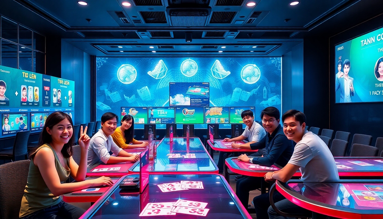 Exciting online gaming scene showcasing gamebaidoithuong.com.vc players enjoying card games with vibrant visuals