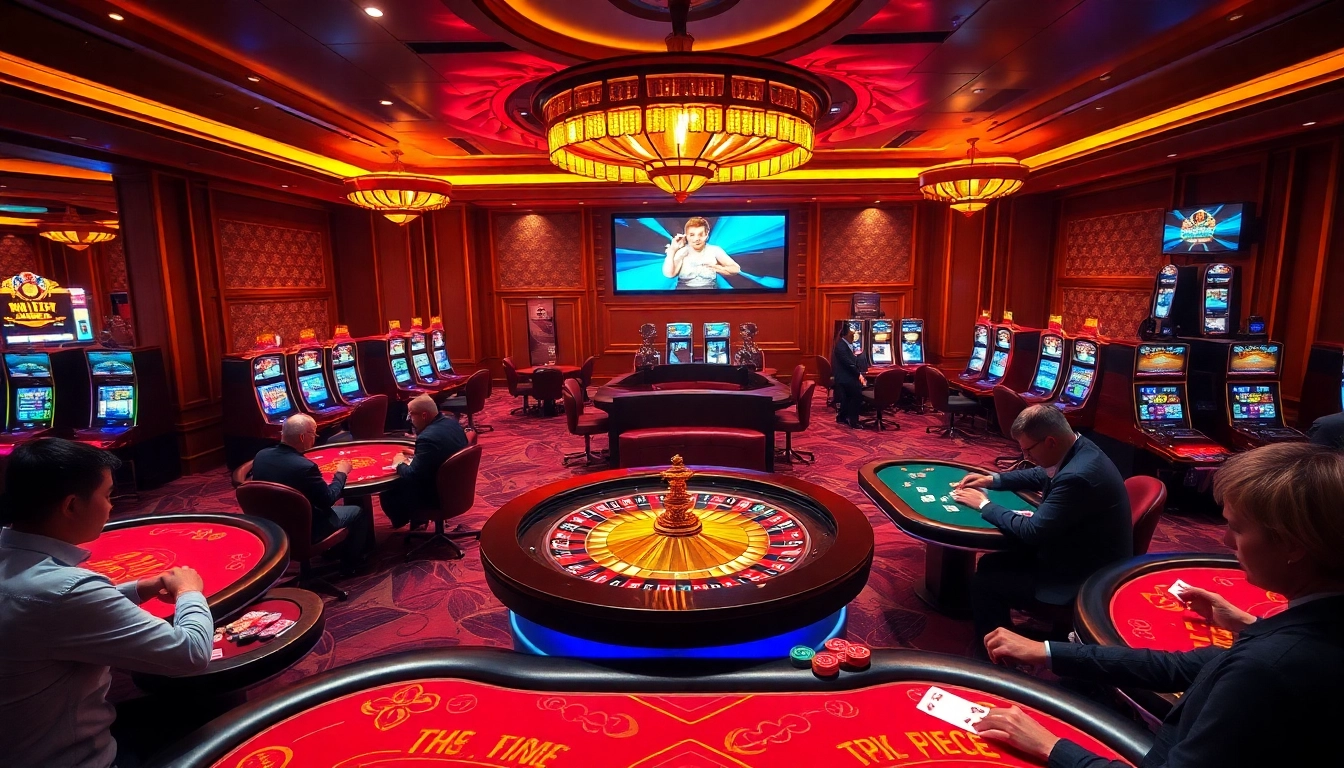 Experience thrilling KJC casino excitement with vibrant tables, roulette wheel, and players engaged.