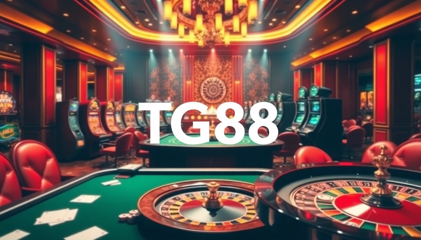 Engaging scene at TG88 casino showcasing roulette action and vibrant slot machines.