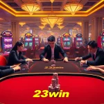 Experience the excitement of 23win casino with vibrant slot machines and engaging poker players.