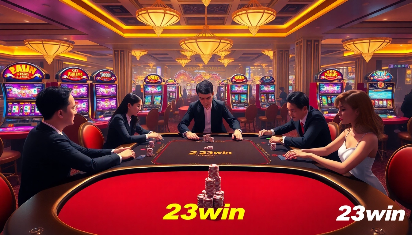 Experience the excitement of 23win casino with vibrant slot machines and engaging poker players.