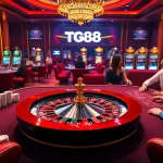 Experience the thrill of high-stakes gaming at TG88 Casino with poker chips and a roulette wheel.