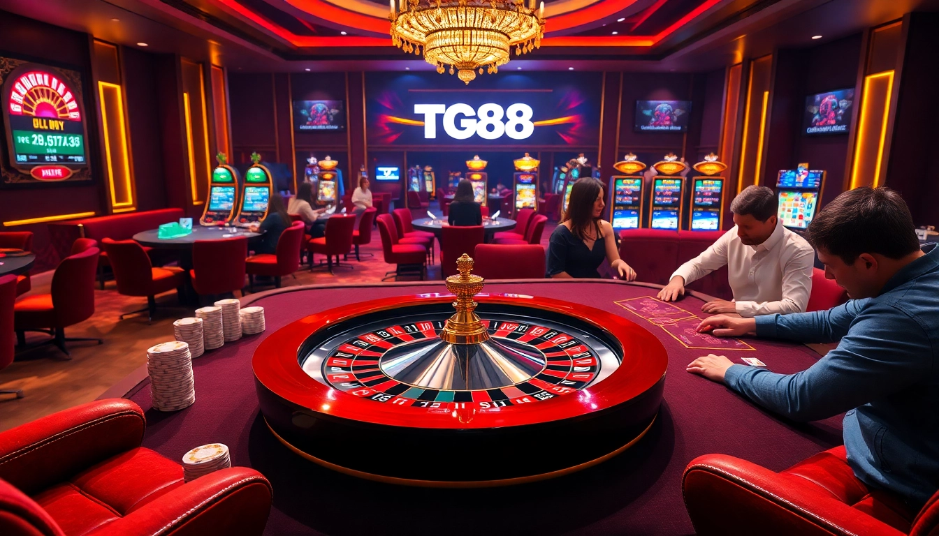 Experience the thrill of high-stakes gaming at TG88 Casino with poker chips and a roulette wheel.