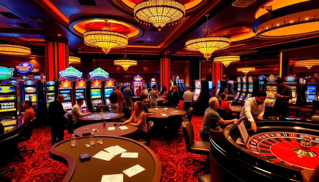 Sunwin casino scene showcasing vibrant tables and players engaged in gambling.