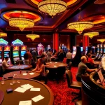 Sunwin casino scene showcasing vibrant tables and players engaged in gambling.