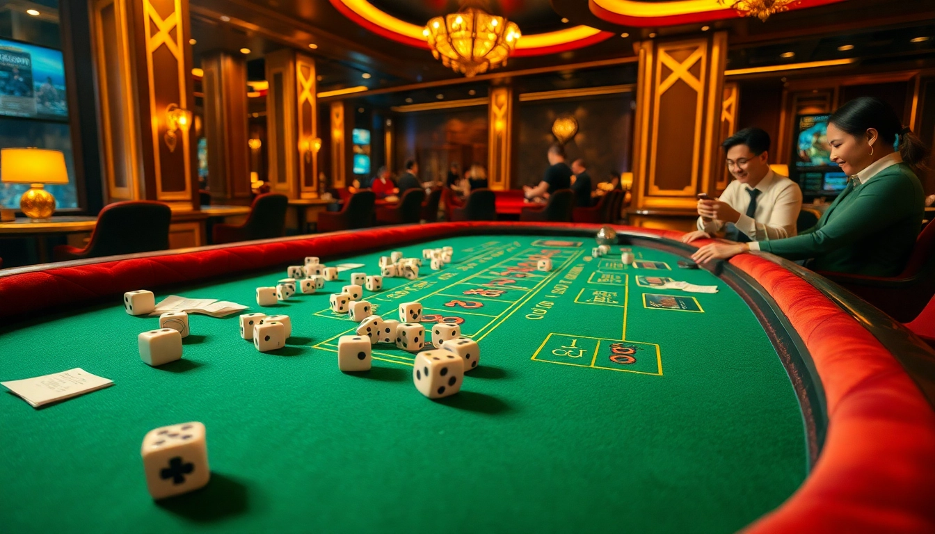 Tài Xỉu MD5 game featuring players excitedly placing bets on a sleek casino table filled with dice and betting slips.
