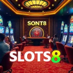 Players enjoying SLOTS8 on vibrant slot machines in a luxurious casino setting